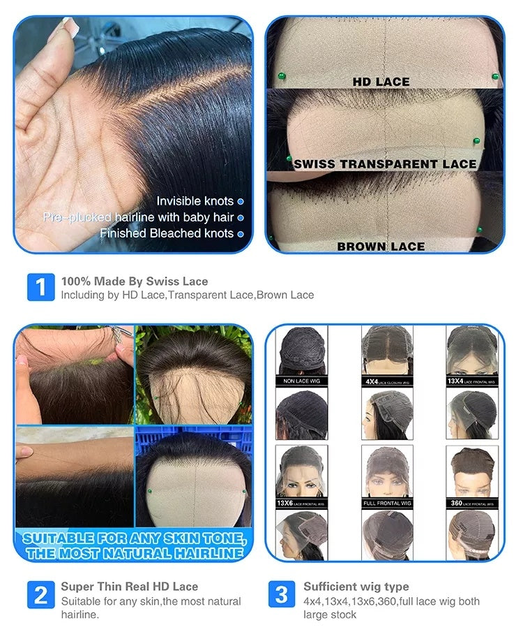 6x4 Density Virgin Human Hair Wigs Vietnamese Raw Hair Transparent Lace Front Pre-Plucked Bleached Knots