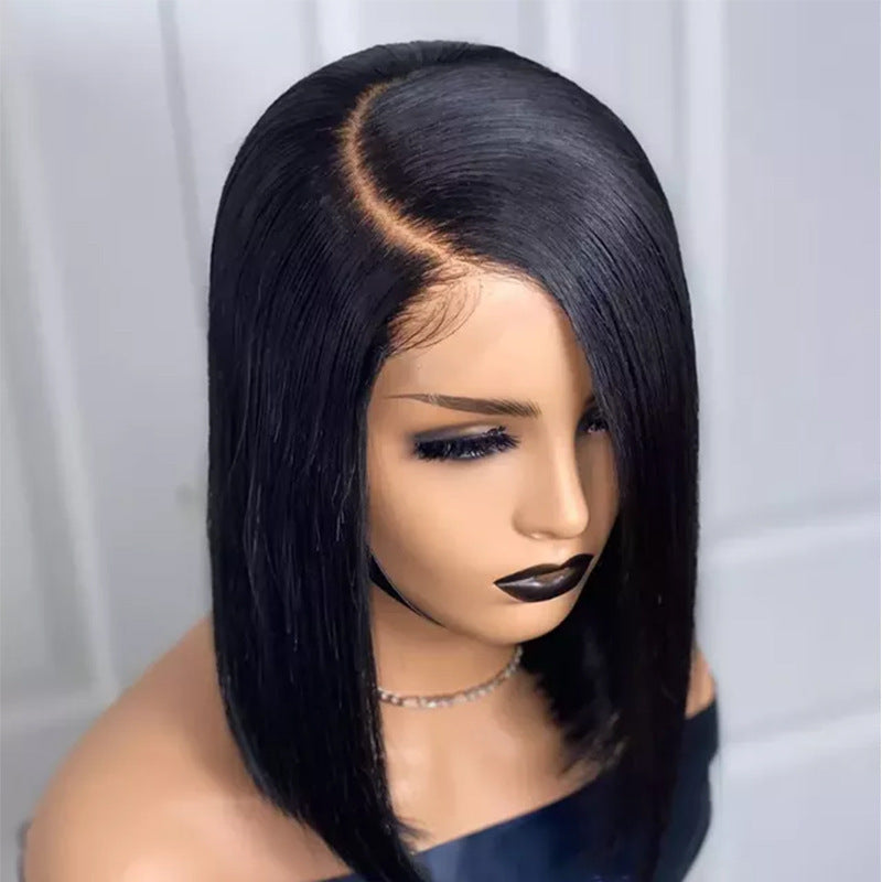 Split Front Lace Wig Black Short Straight Hair Synthetic Wigs