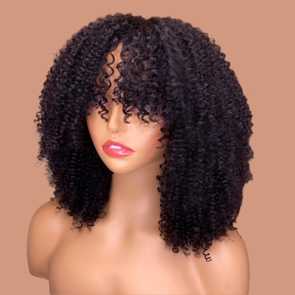 Kinky Curly Human Hair Wigs With Bangs