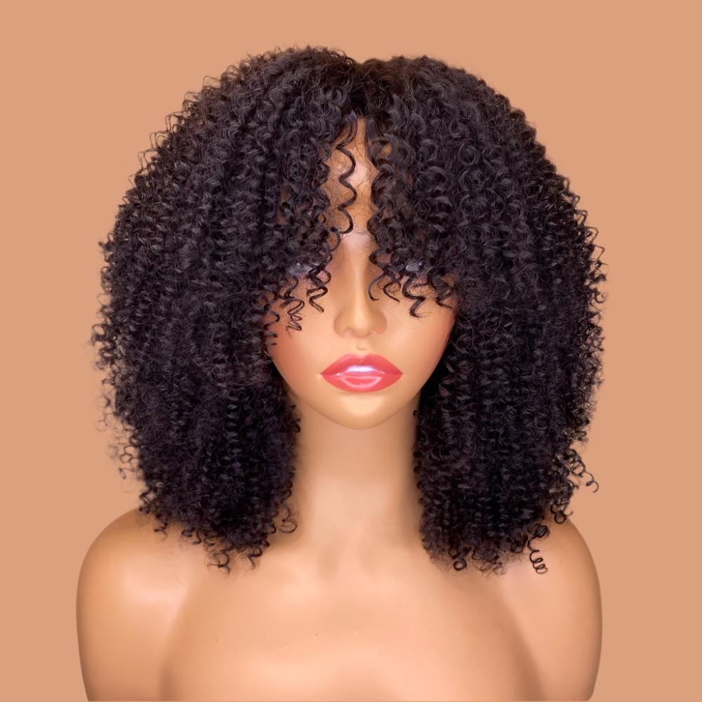 Kinky Curly Human Hair Wigs With Bangs