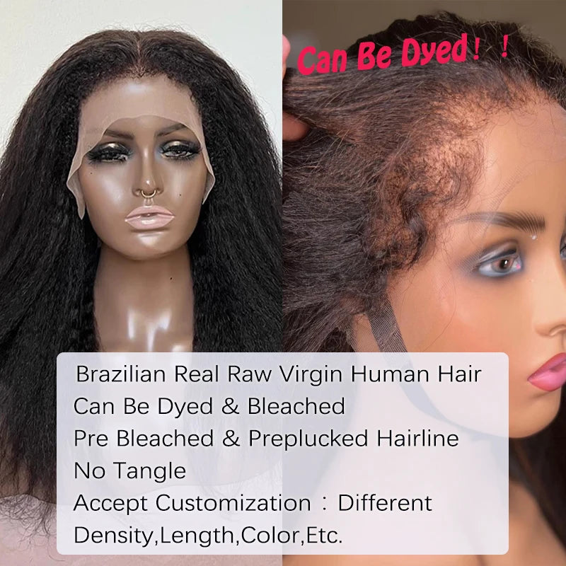 Kinky Straight Yaki Brazilian Virgin Hair Lace Wigs Pre Plucked