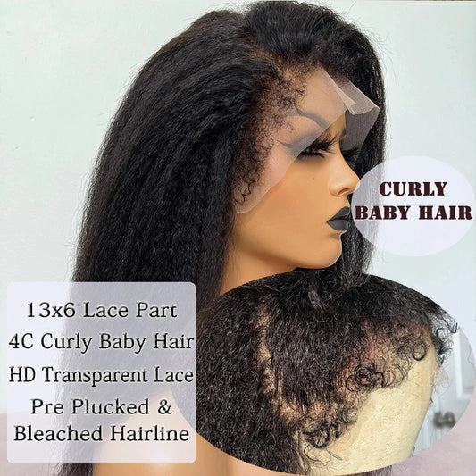 Kinky Straight Yaki Brazilian Virgin Hair Lace Wigs Pre Plucked