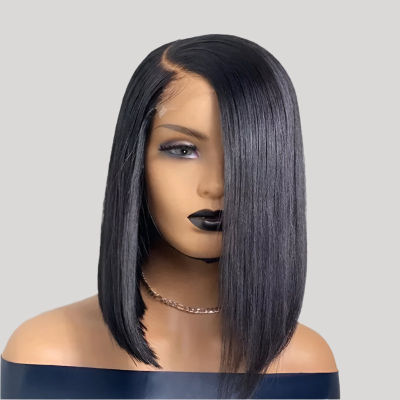 Split Front Lace Wig Black Short Straight Hair Synthetic Wigs