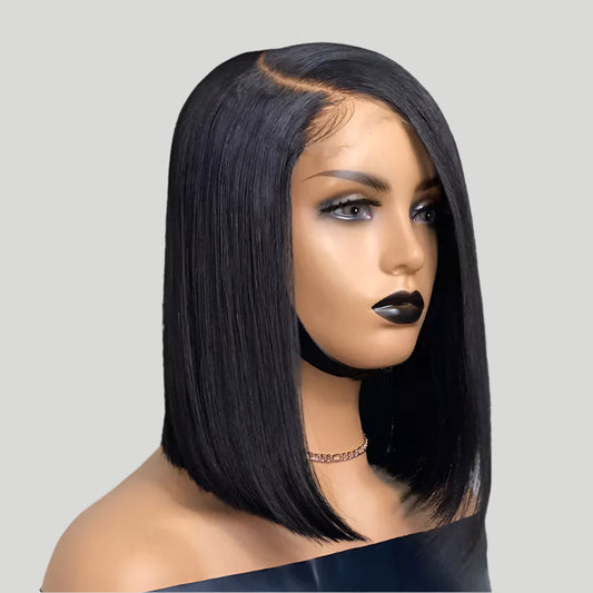 Split Front Lace Wig Black Short Straight Hair Synthetic Wigs